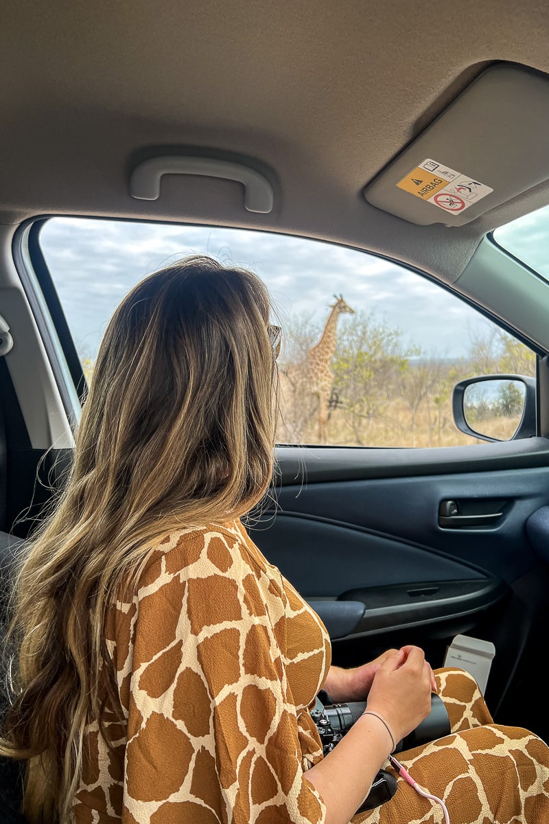 A woman in a giraffe print jumpsuit looking out of a car window at a giraffe