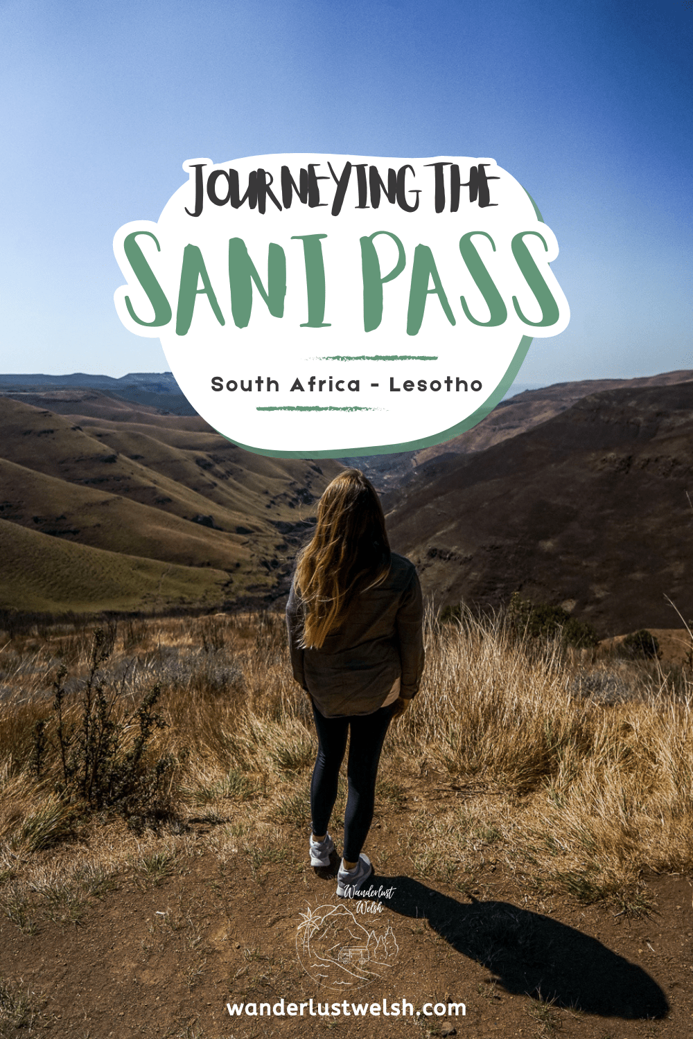A woman at a viewpoint over a grassy valley with the words "Journeying the Sani Pass" superimposed