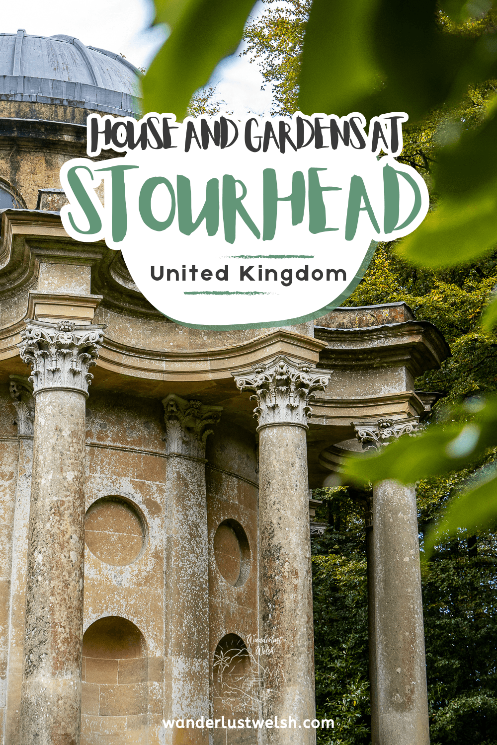 A neoclassical temple with the words "House and Gardens at Stourhead" superimposed