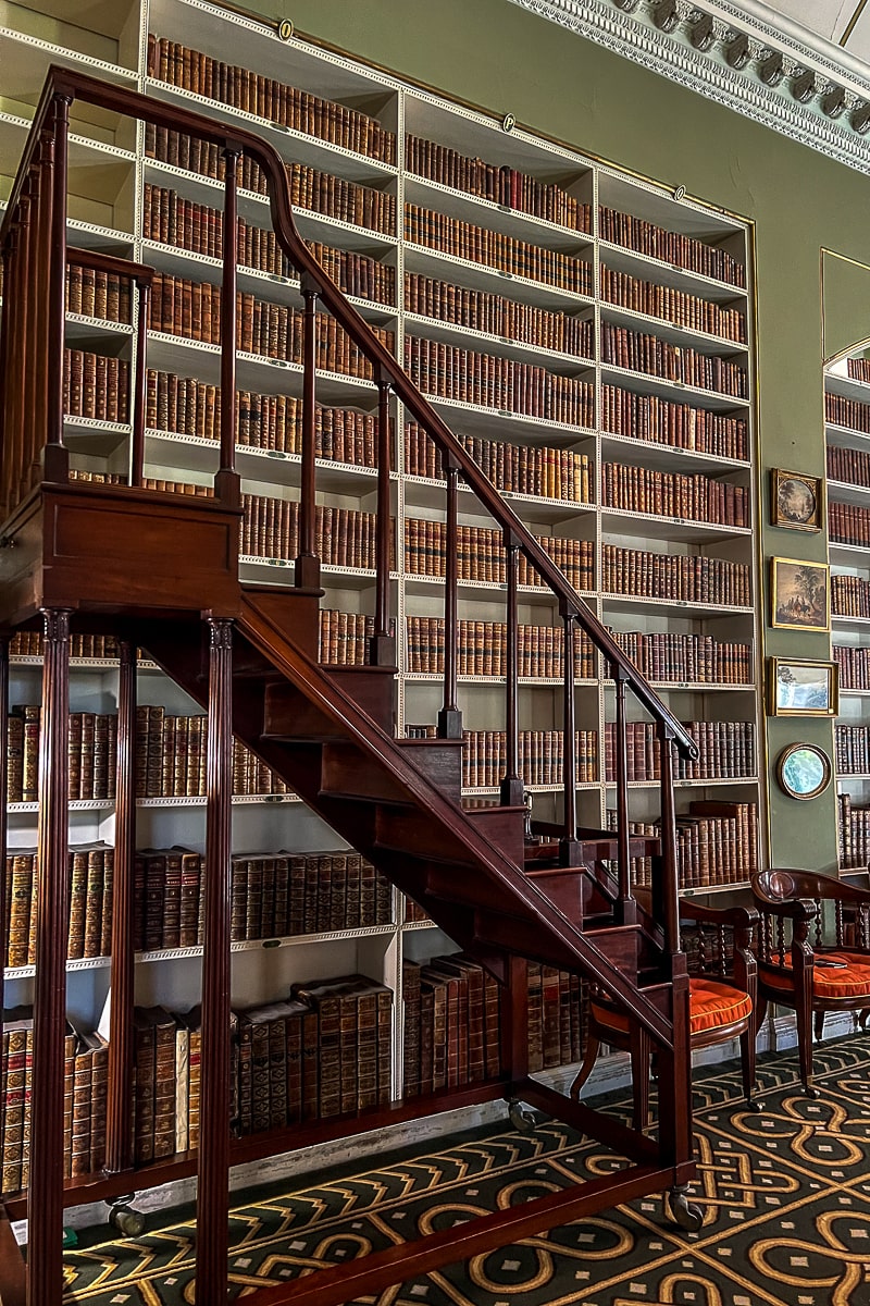 A wall of books in a library with a wooden movable staircase