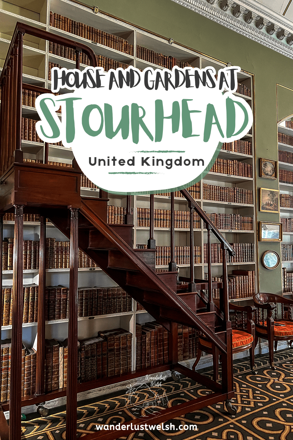 A wall of books and moveable staircase with the words "House and Gardens at Stourhead" superimposed