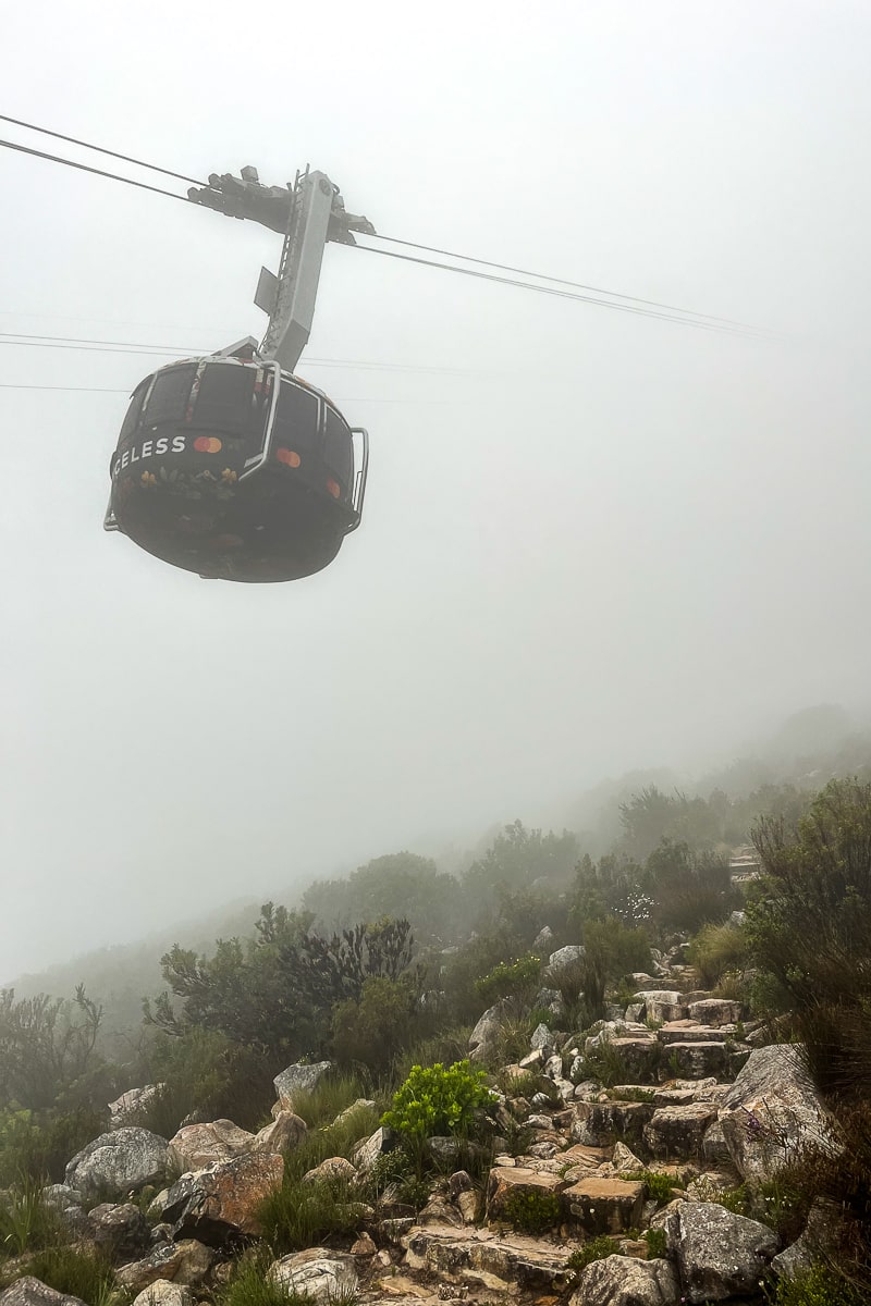 A foggy view of a large gondola