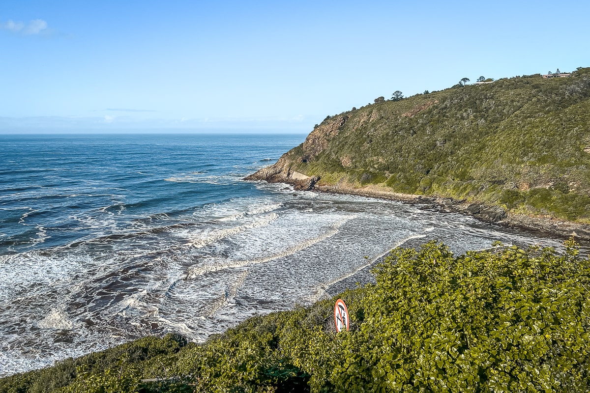 A rugged shoreline with green bushes