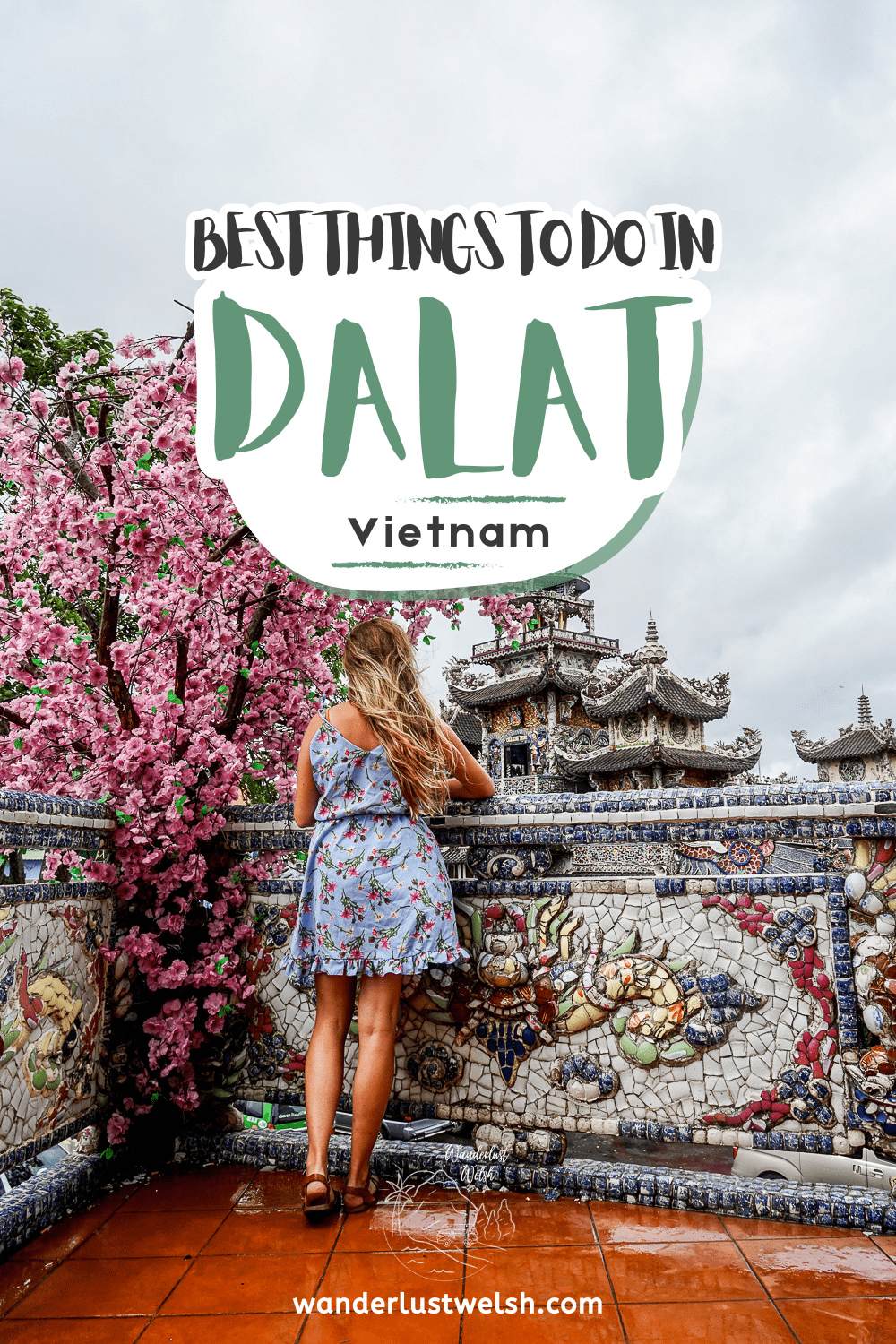A woman next to a pink cherry blossom tree with the words "Best things to do in Dalat" superimposed