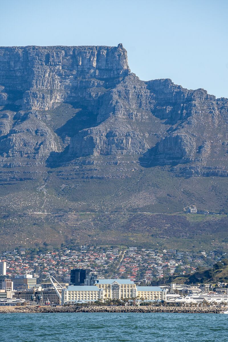 Cape Town with the huge Table Mountain behind from sea