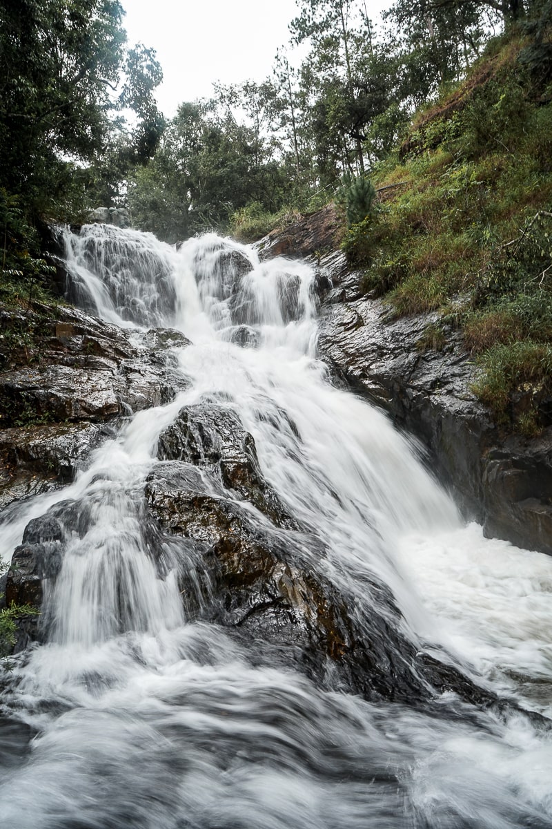 A cascading waterfall amongst lush vegetation