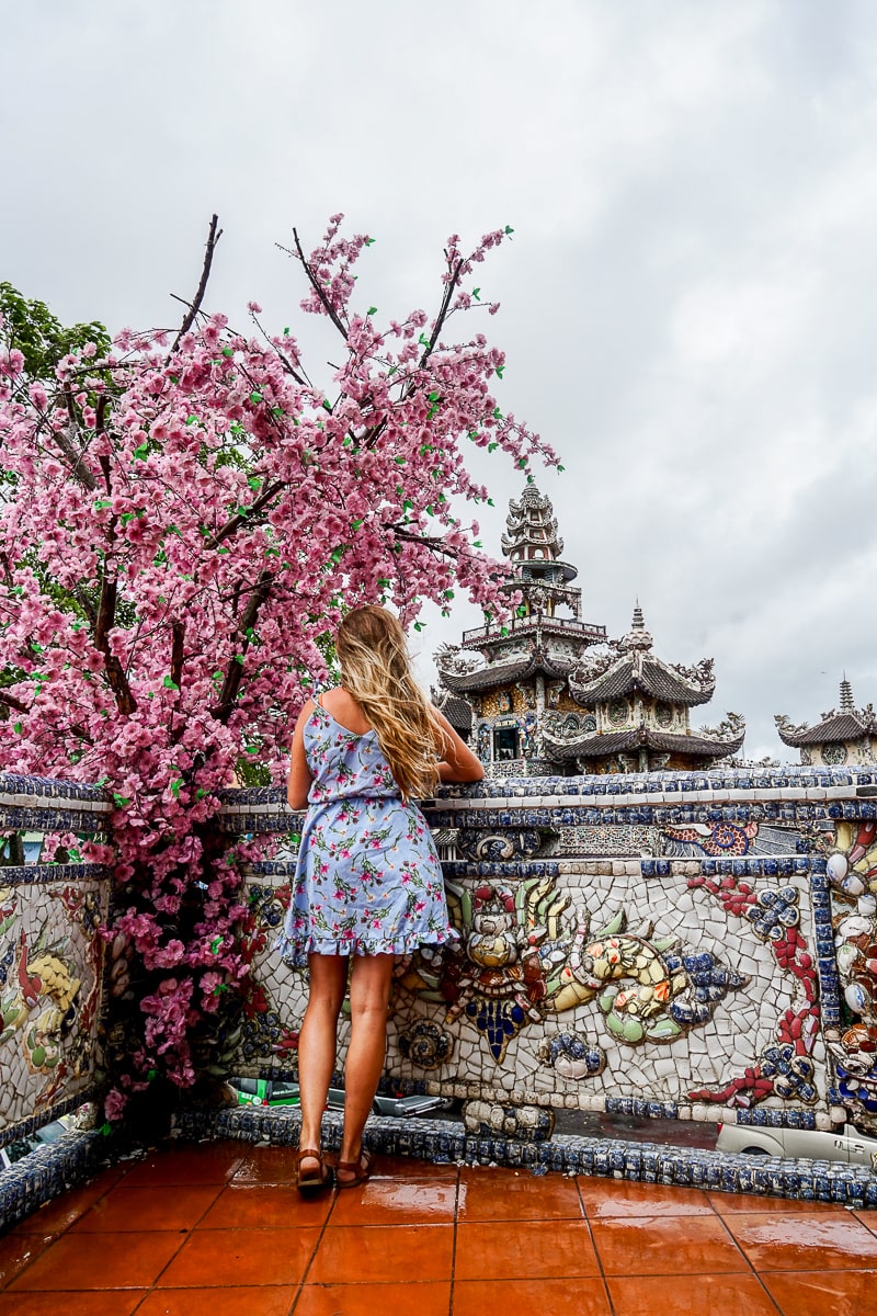A woman standing next to a cherry blossom tree in bloom with Vietnamese images on a wall
