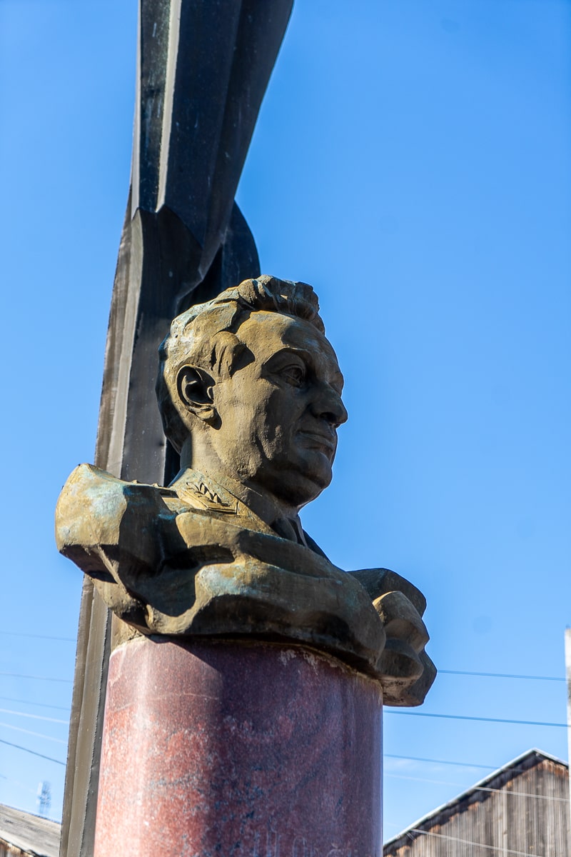 A bust statue of Artem Mikoyan - inventor of the Mig-21 aircraft - in an open air museum