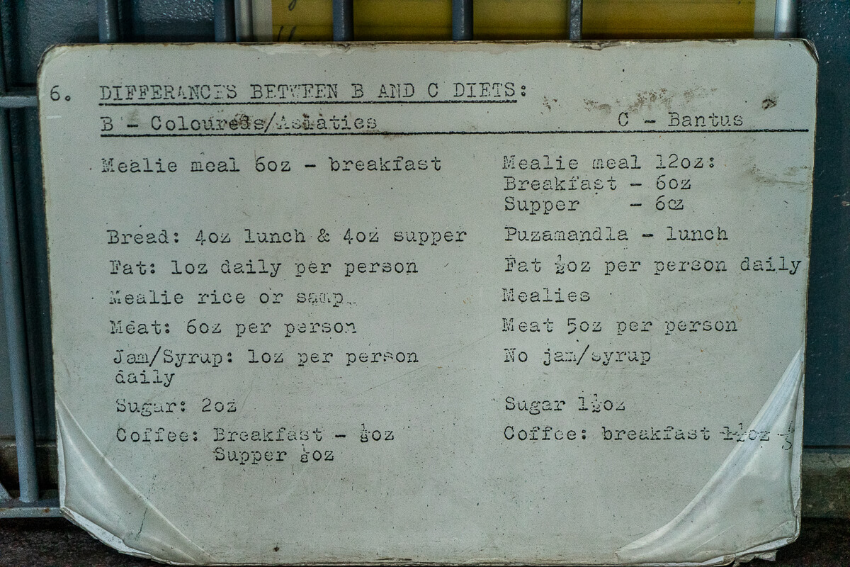 A sign about Robben Island prison meals