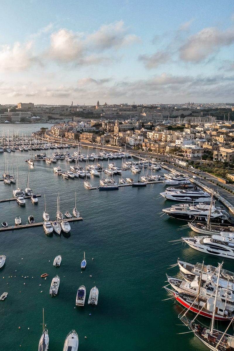 Aerial view of many boats docked in a marina