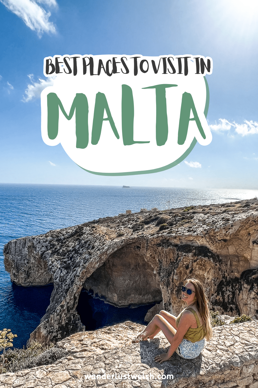 A woman sat on a stone wall with the sea and huge rock arch in the background and the words "Things to Do in Malta" superimposed