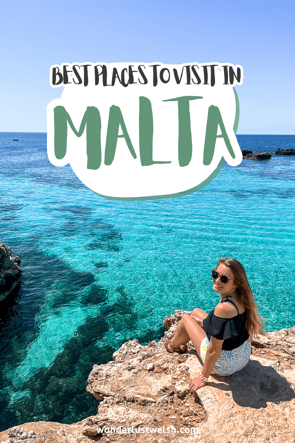 A woman sat on a cliff overlooking a bright blue and clear sea with the words "Things to Do in Malta" superimposed