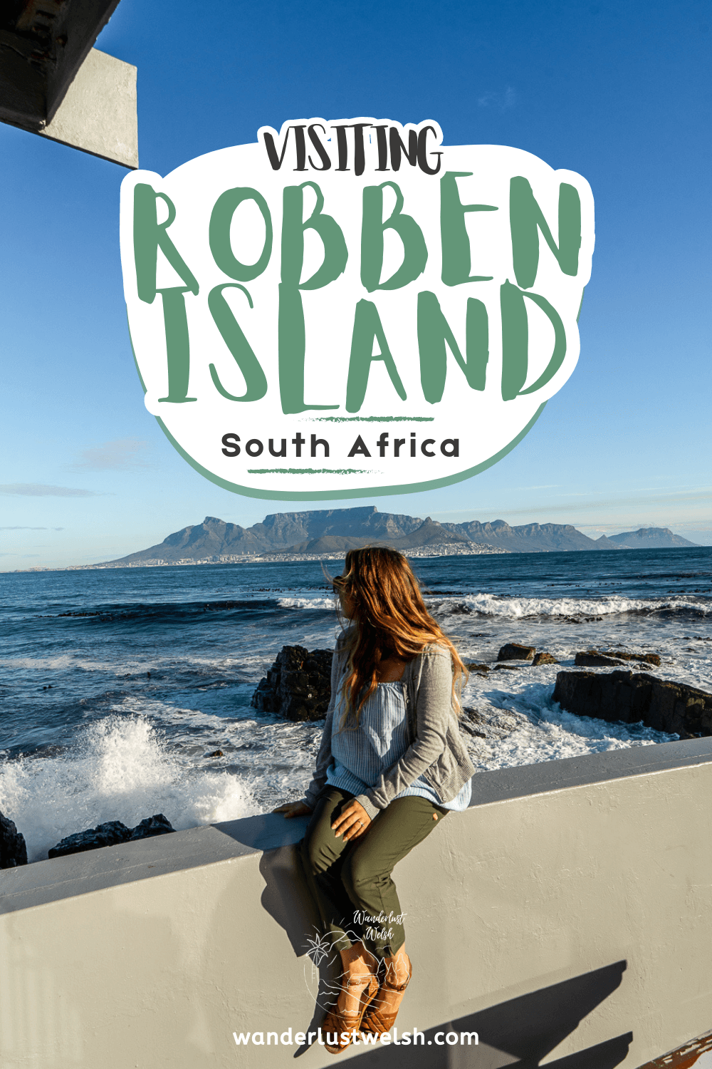 A woman looking out to sea at Cape Town with the words "Visiting Robben Island" superimposed