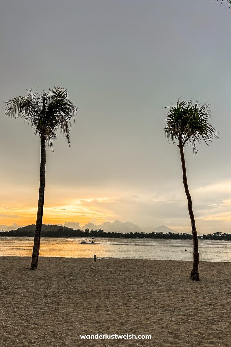 A beach with two palm trees framing the sun setting behind a distant island