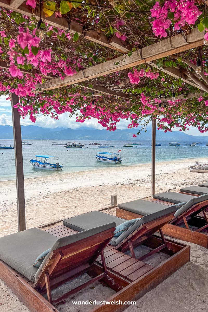 A beach with comfortable sunbeds under a cover with pink flowers