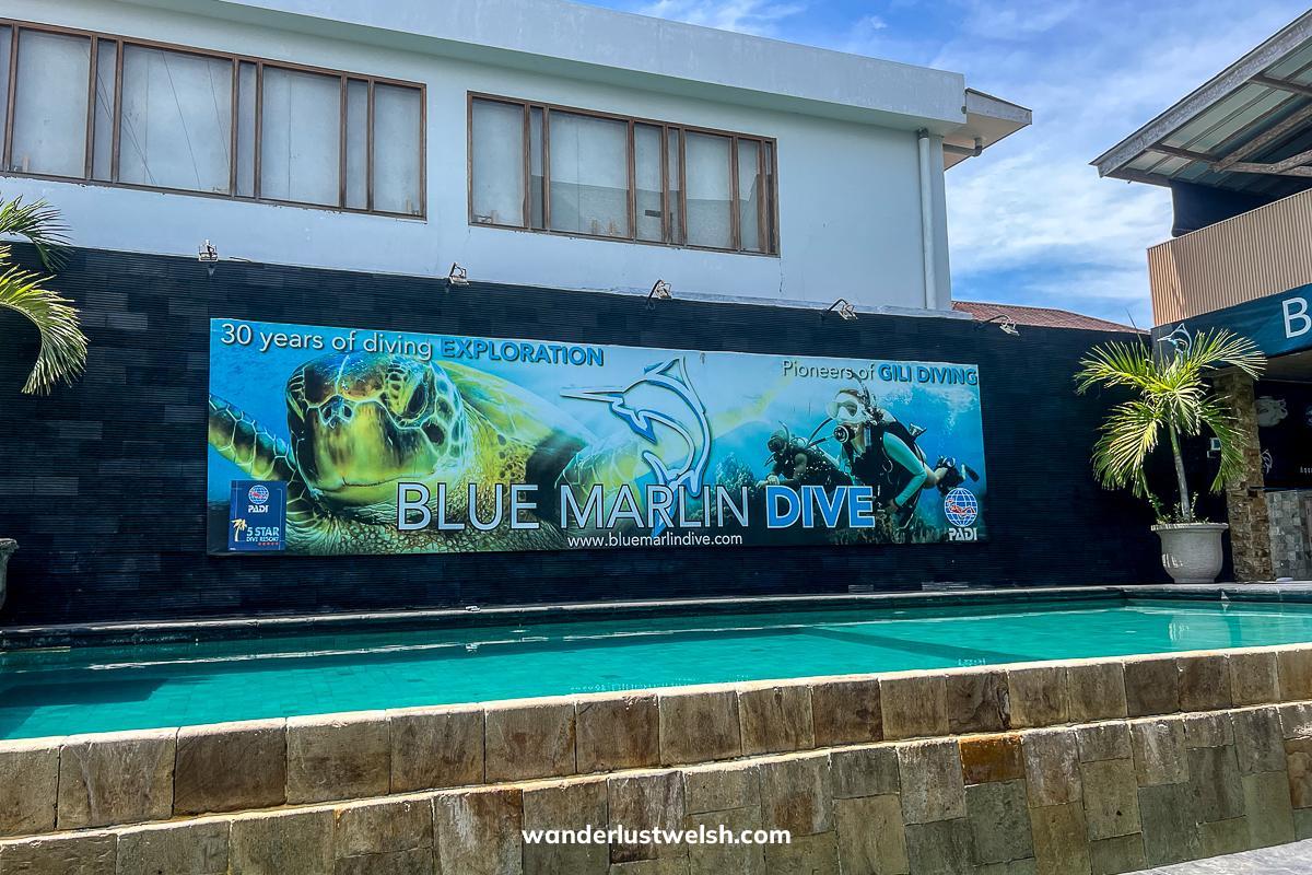 An outdoor pool with a sign for "Blue Marlin Dive" centre