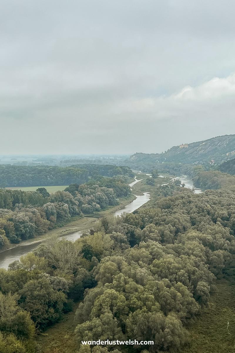 A view of the Danube river through a low forested area