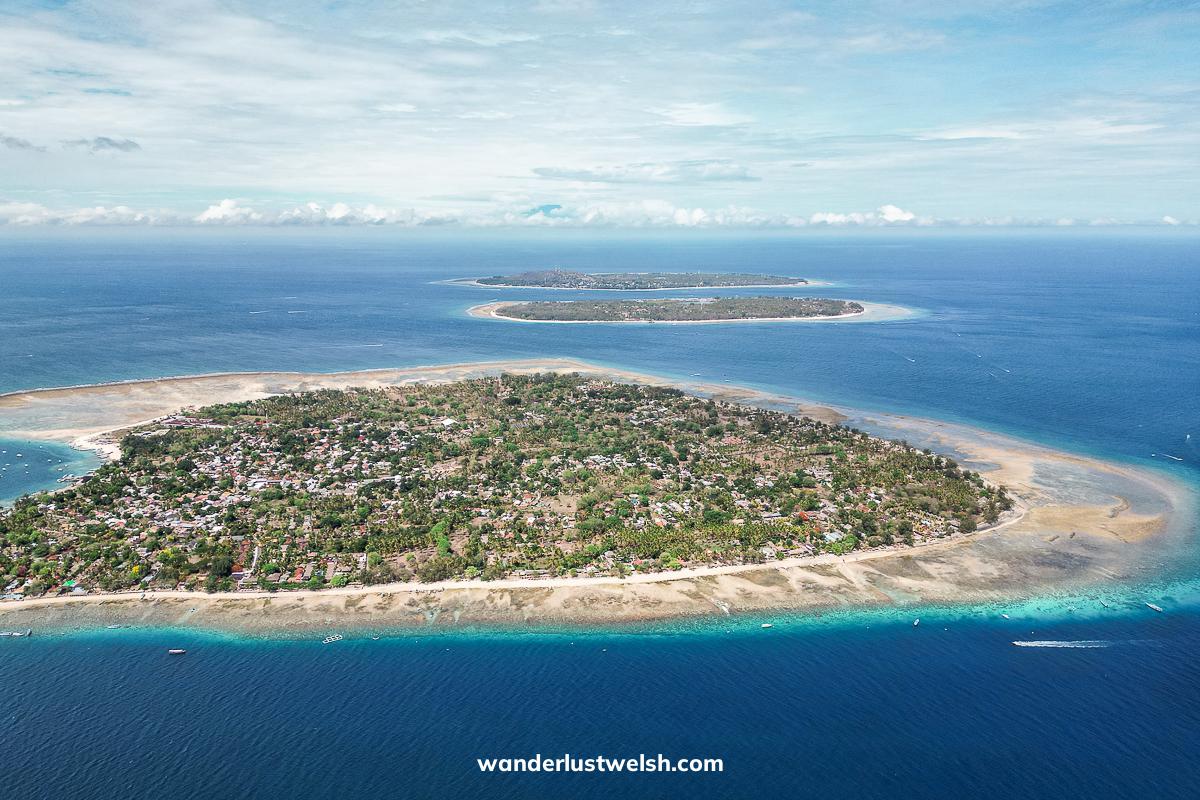Aerial shot of the three Gili Islands - Gili Air, Gili Meno, and Gili T