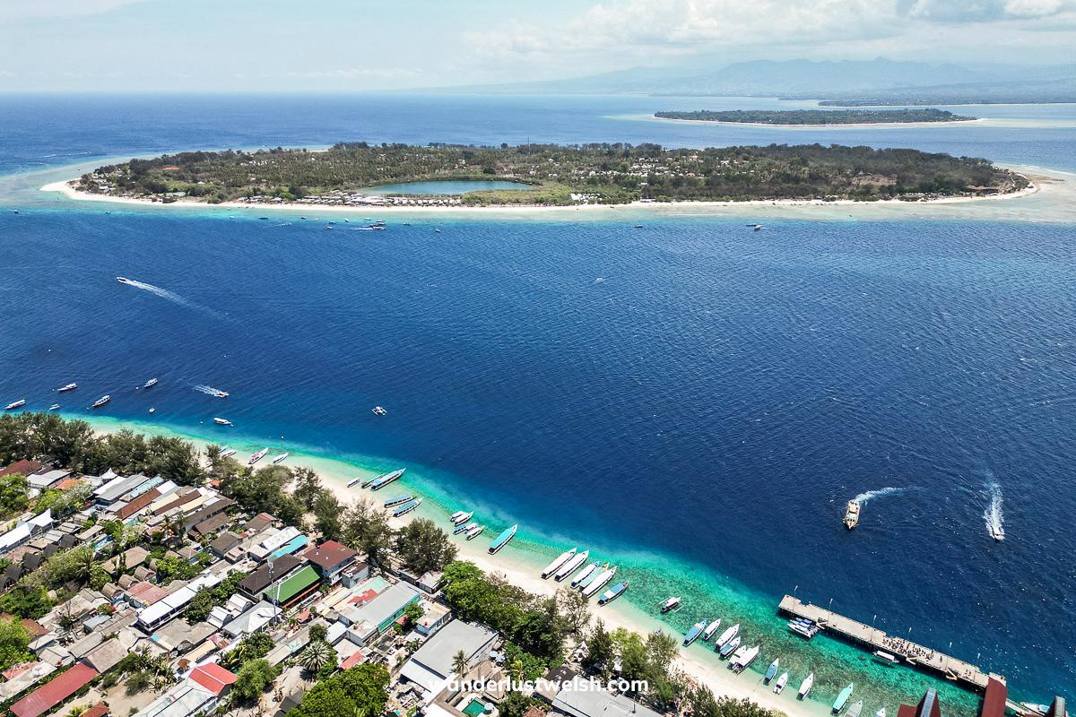 Aerial shot of the three Gili Islands - Air, Meno, and Trawangan