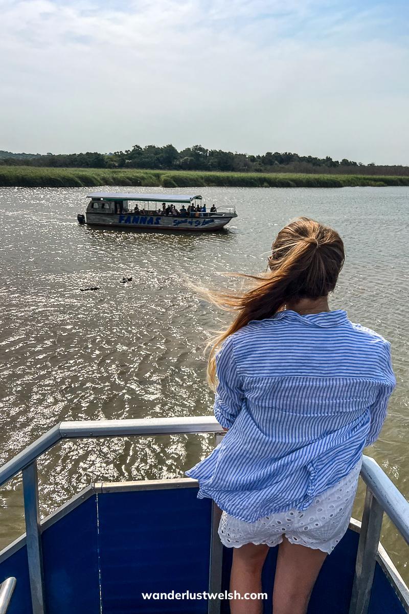 A woman watching a group of hippos from the top deck of a boat, another boat is in the background