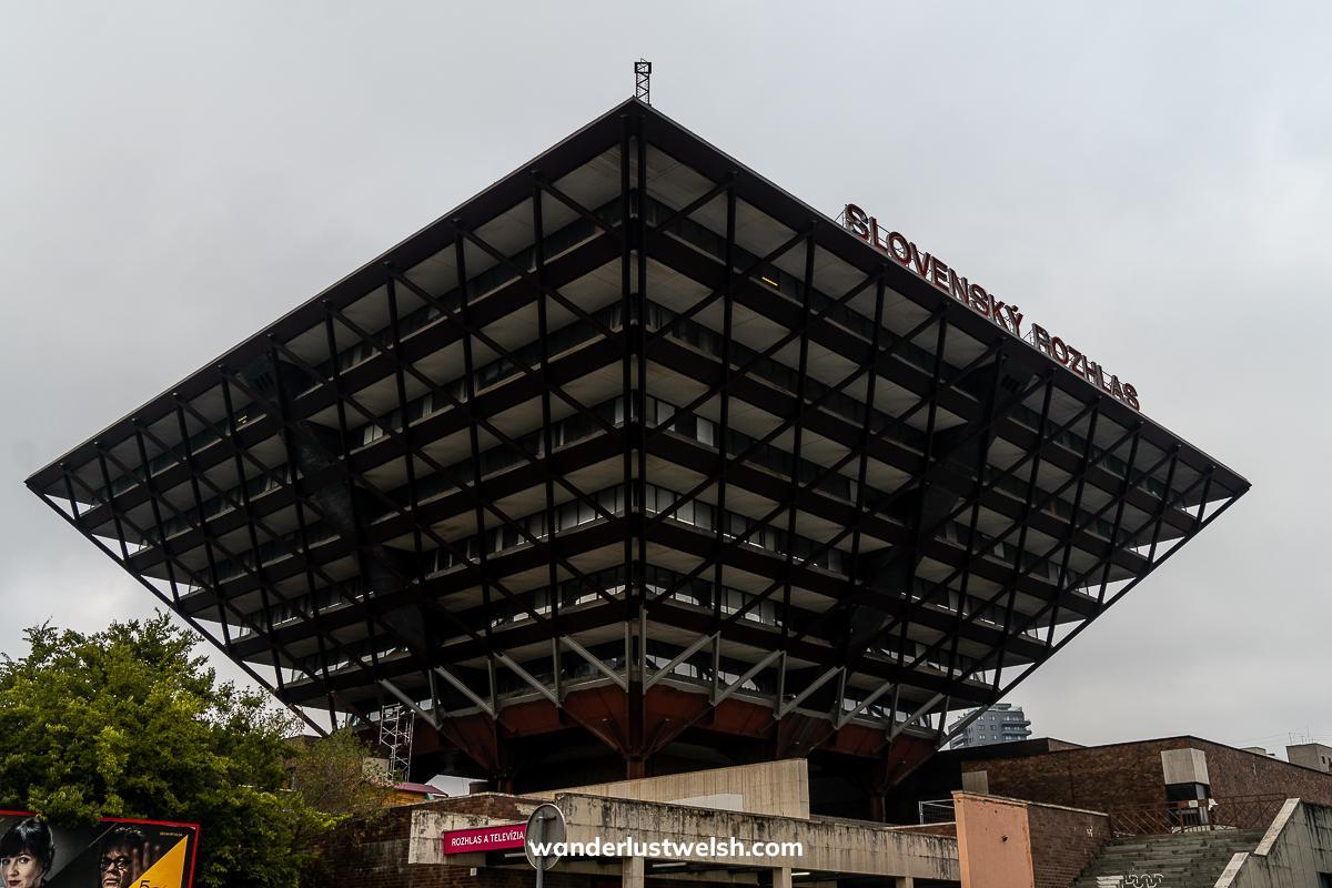 Slovak Radio Building in Bratislava - An upside down pyramid shape, brutalist style building