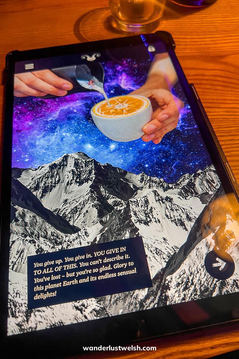 An iPad showing a coffe and part of an adventure story