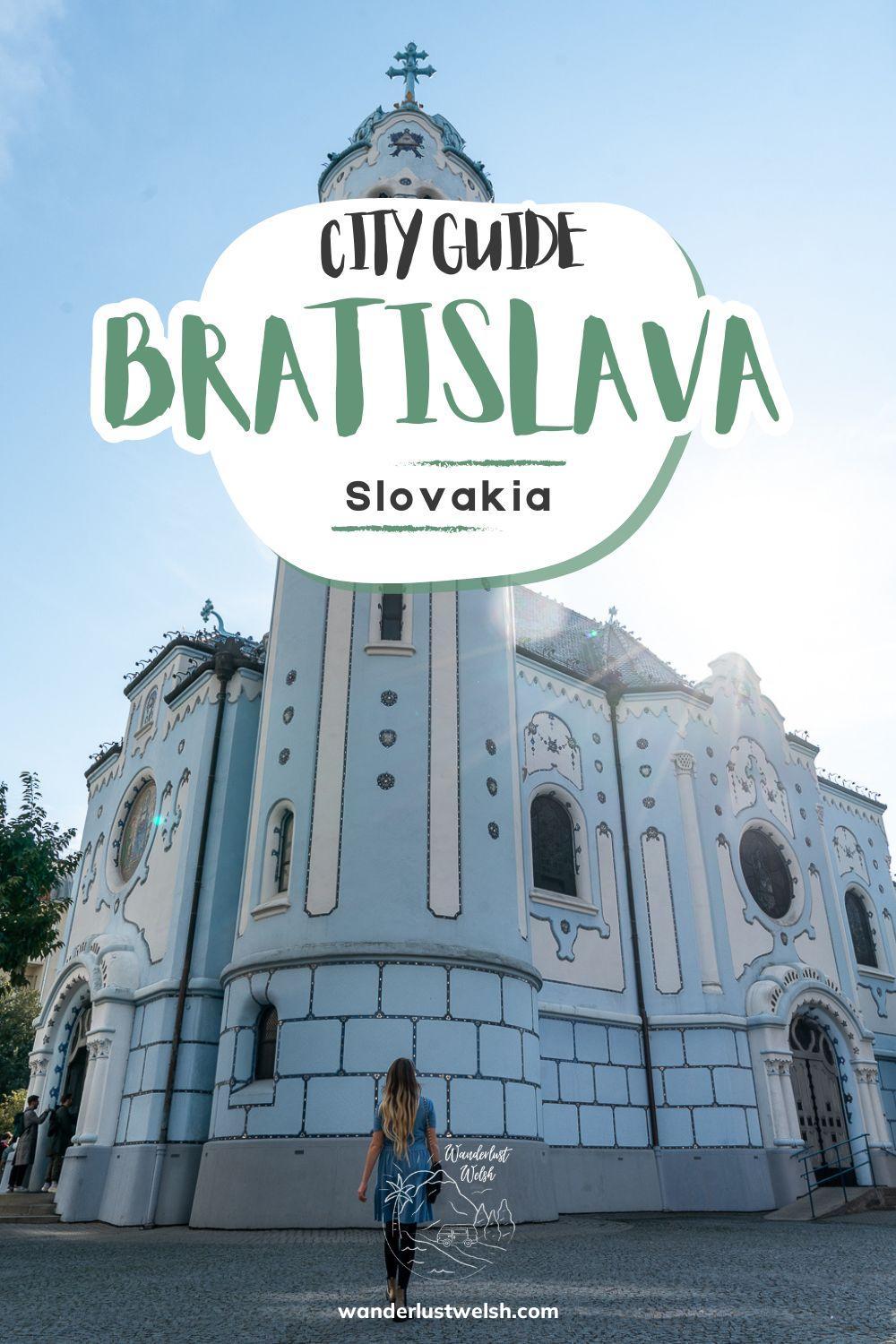 A woman admiring a blue art nouveau church with the words "City Guide to Bratislava" superimposed