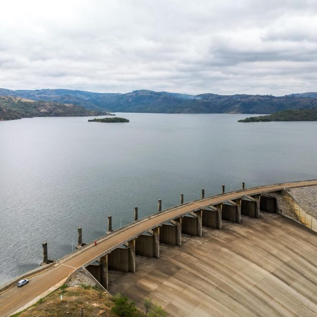 Aerial shot of the Maguga Dam and resulting reservoir in Eswatini