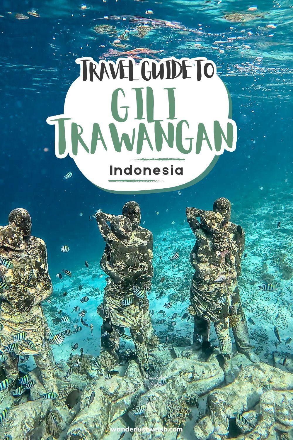 Underwater statues with the words "Travel Guide to Gili Trawangan" superimposed