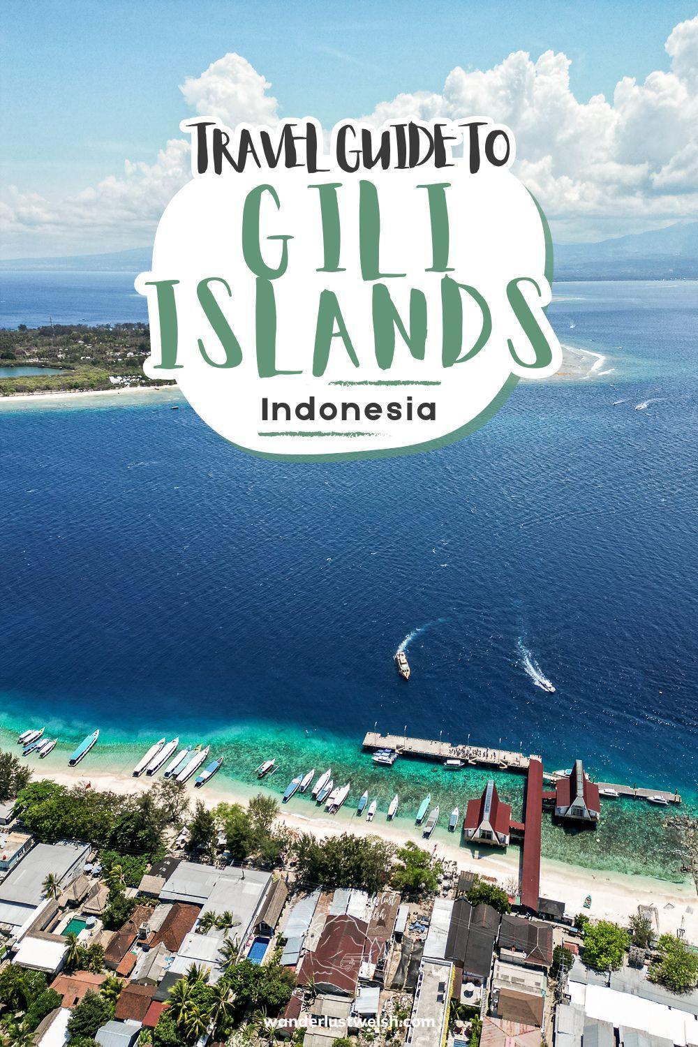 A drone shot of the shoreline and distant islands with the words "Travel Guide to Gili Islands" superimposed