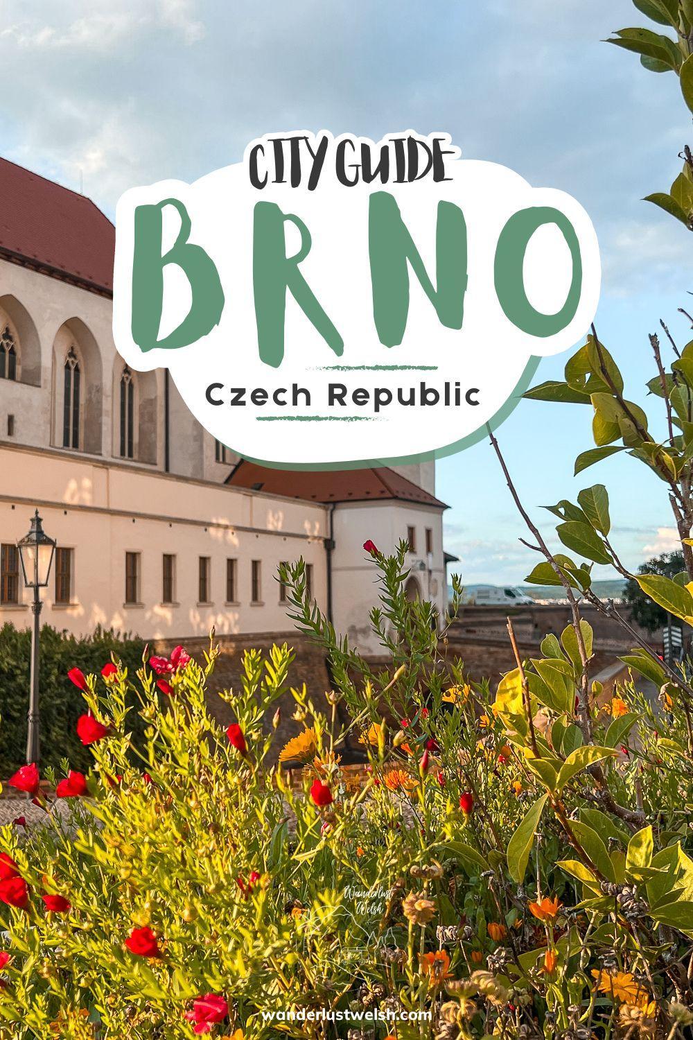 Wild flowers in front of a castle with the words "City Guide to Brno" superimposed