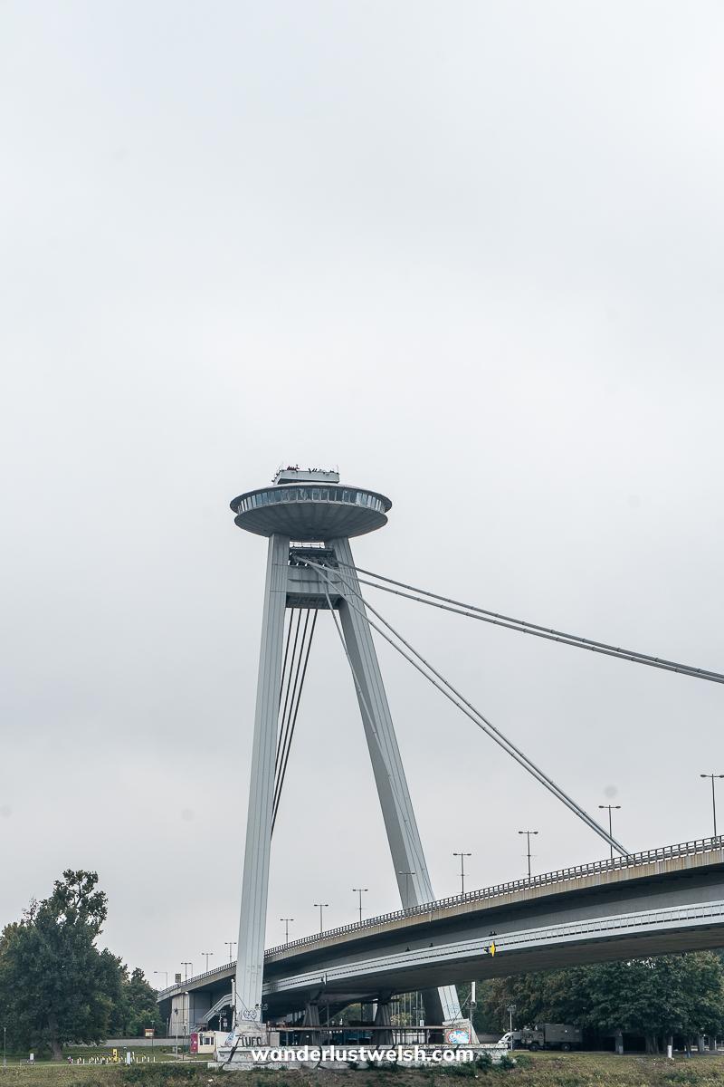 A UFO shaped tower on a bridge over the Danube in Bratislava