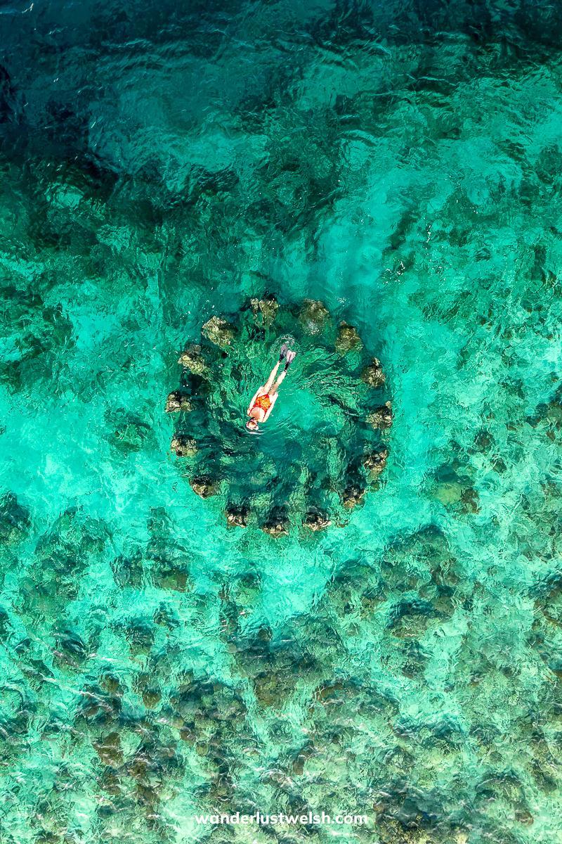 Top down drone shot of a woman swimming across a circle of underwater statues