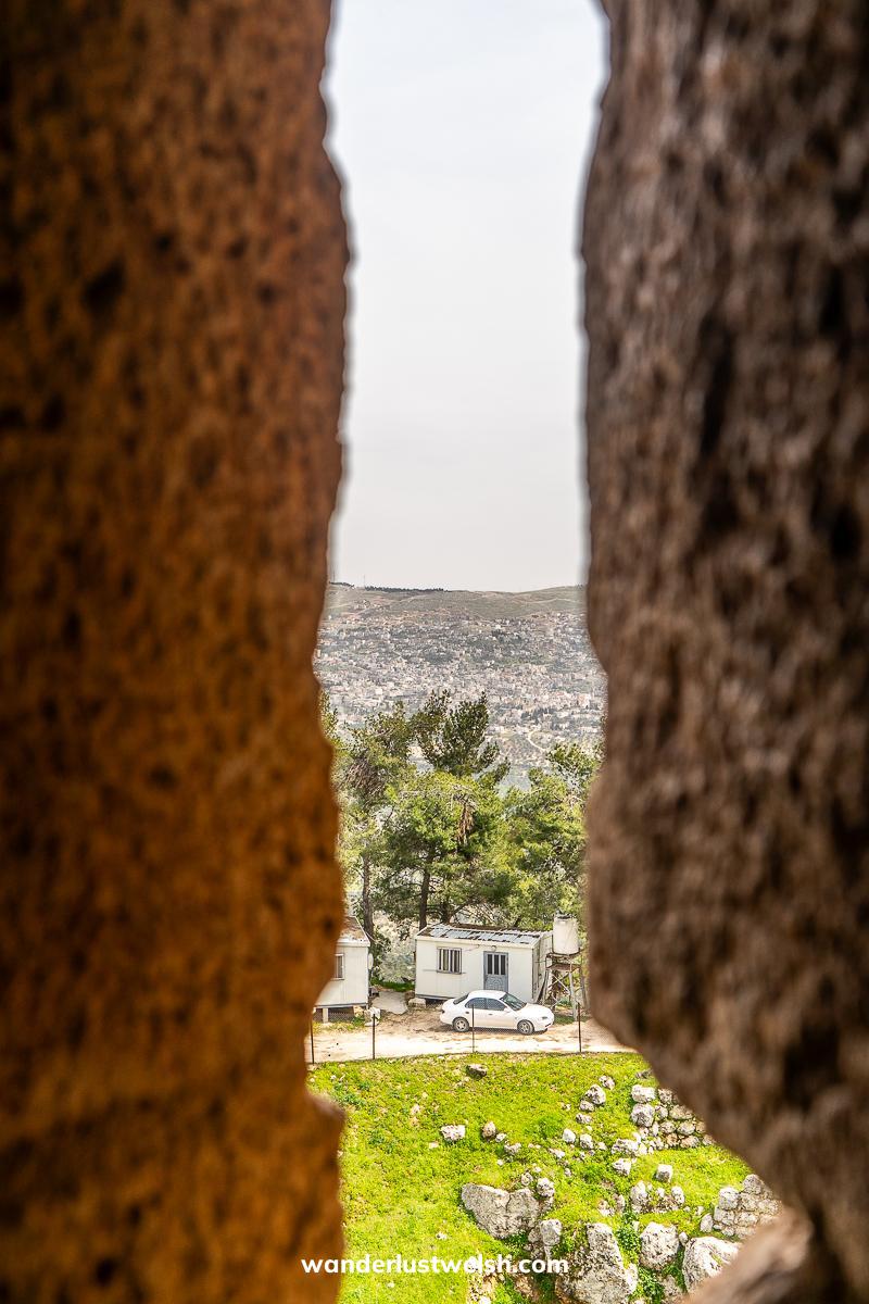 A view of the surrounding hills from an arrowsplit in Ajloun Castle
