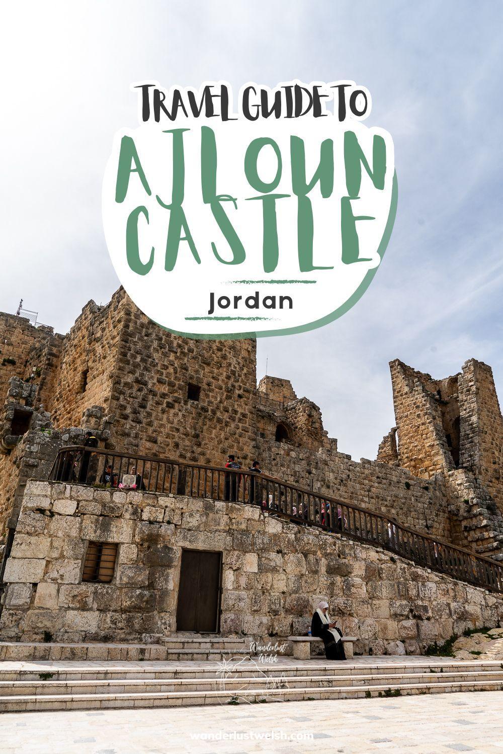 A large stone castle courtyard with the words "Travel Guide to Ajloun Castle" superimposed