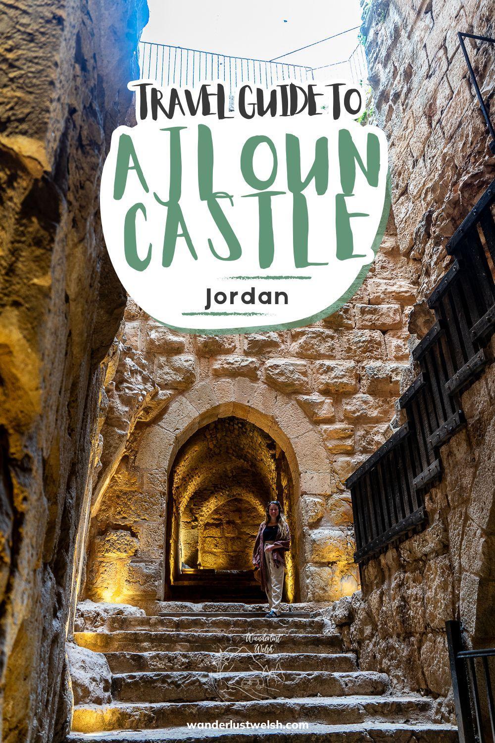A staircase leading to an arched entranceway with the words "Travel Guide to Ajloun Castle" superimposed