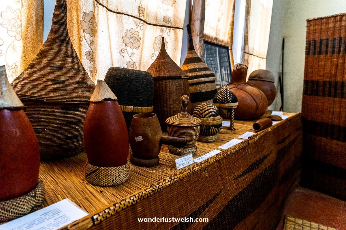 A set of woven and handcrafted traditional containers, common in Burundi culture, at the Gitega Museum