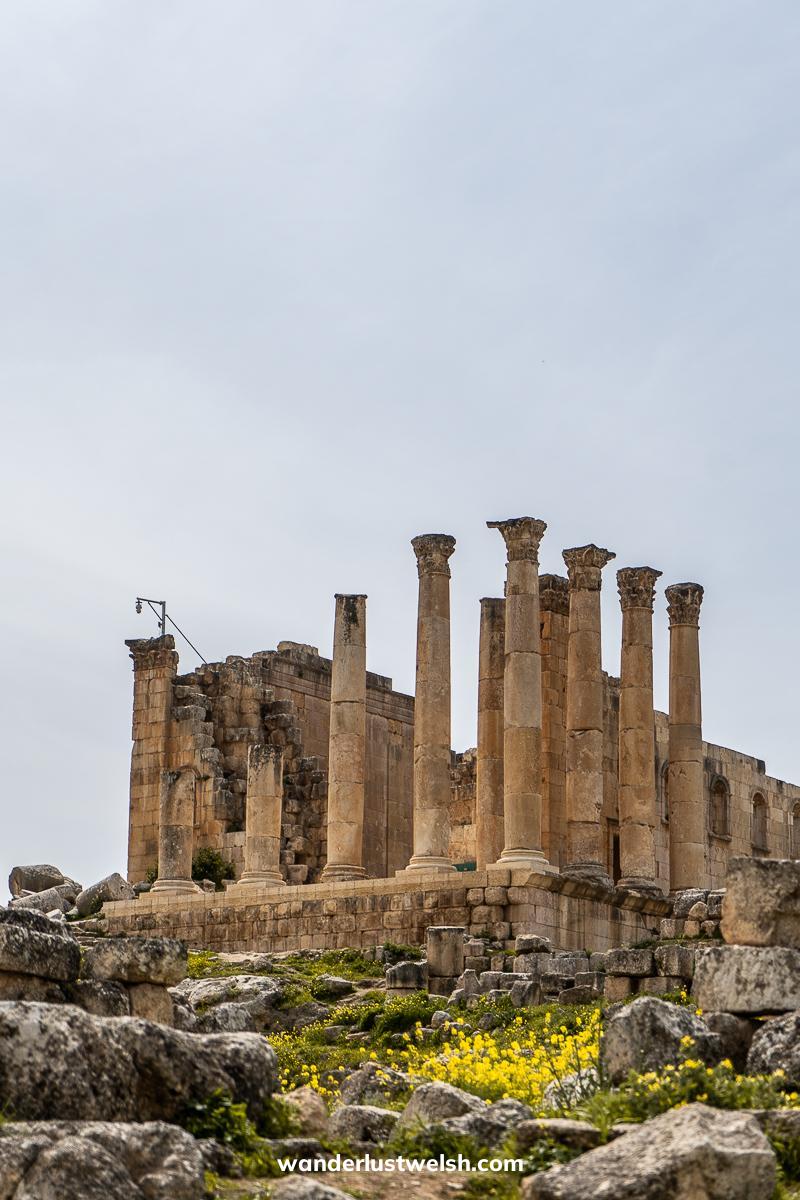 Temple of Zeus in Jerash - Roman columns and one wall on a base