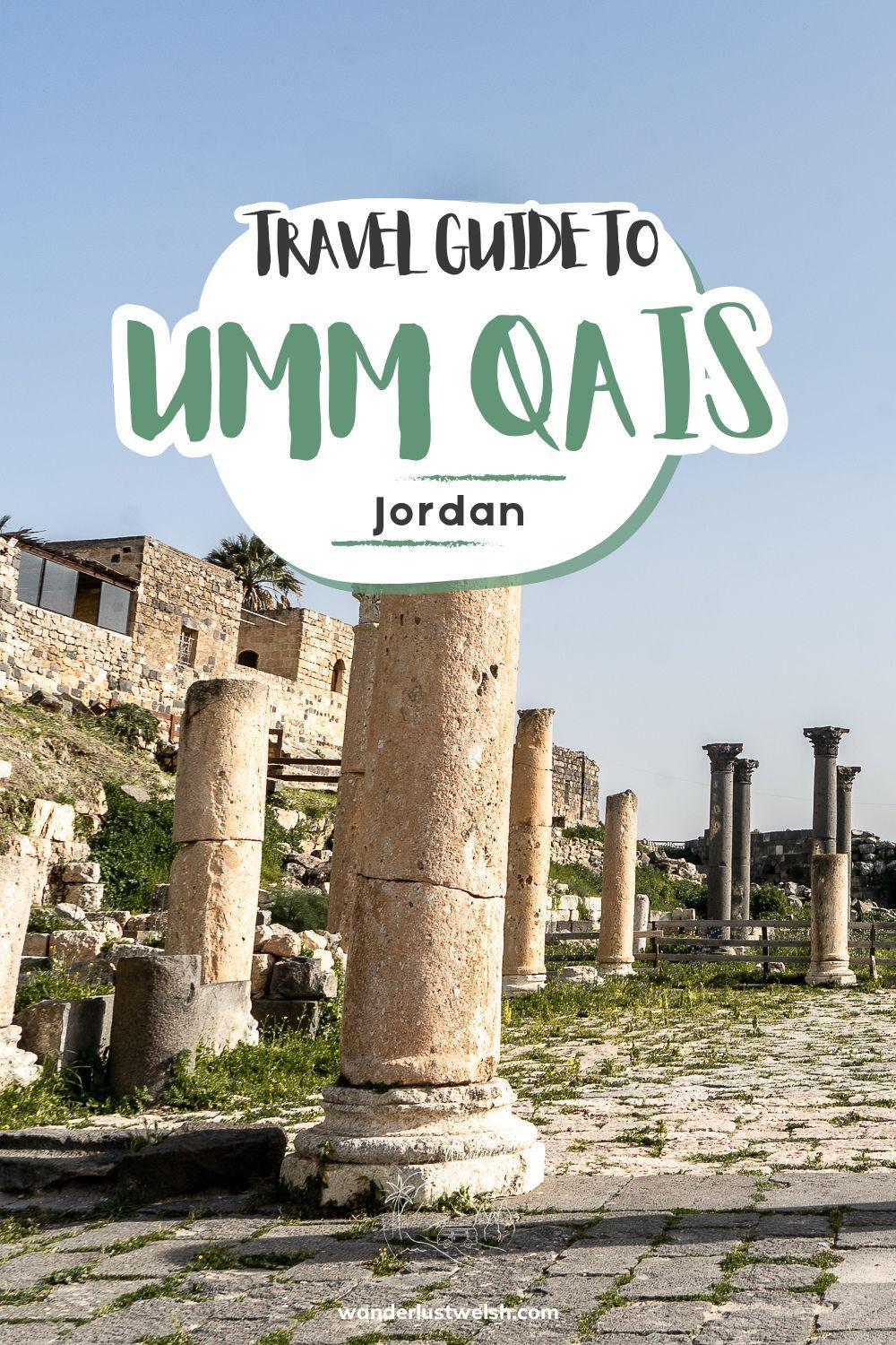 Roman columns with the words "Travel Guide to Umm Qais" superimposed