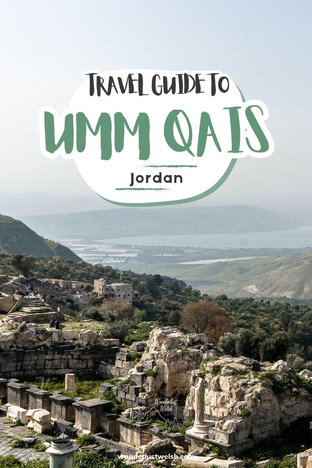 Roman ruins and the Sea of Galilee with the words "Travel Guide to Umm Qais" superimposed