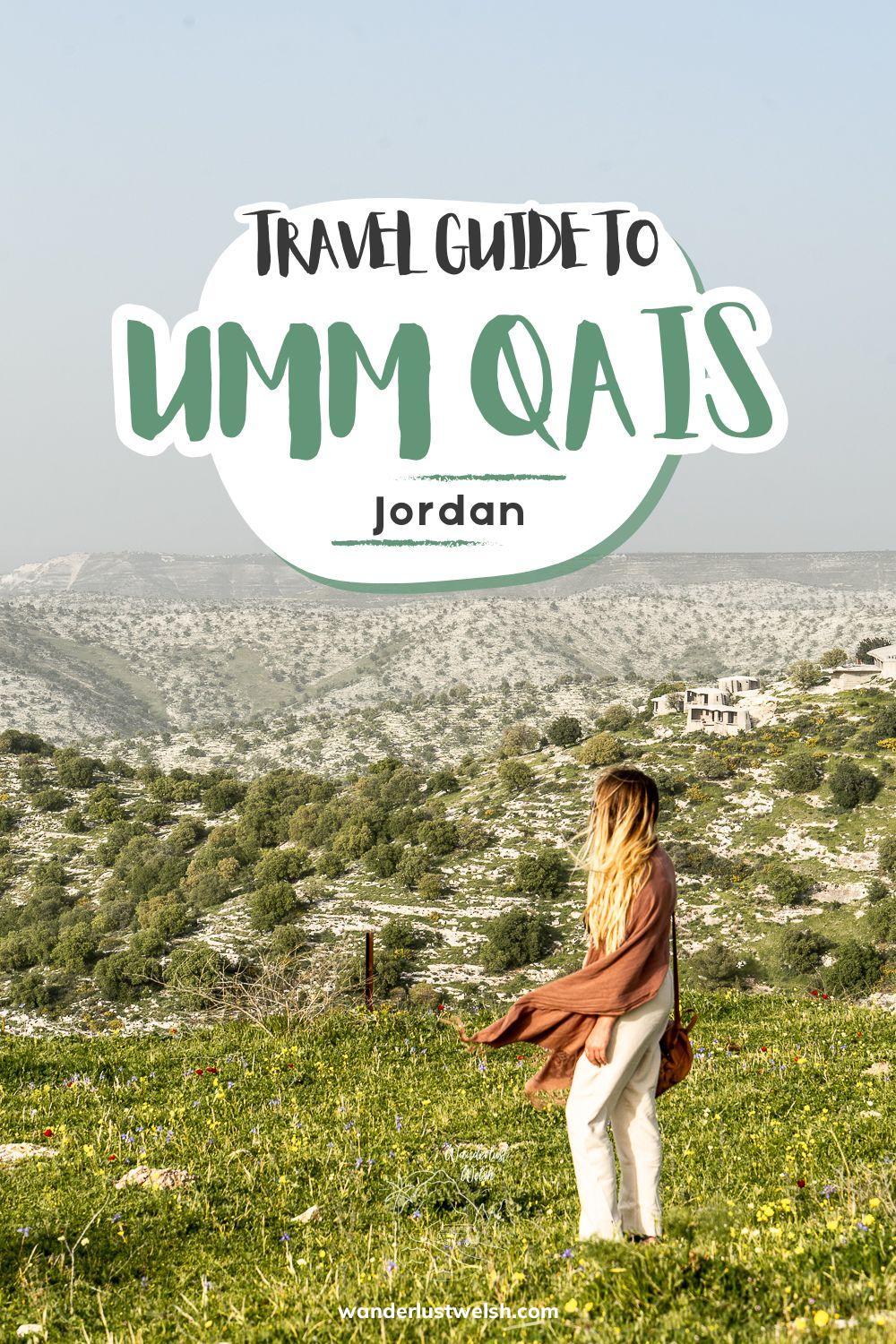 A woman walking in shrubland with the words "Travel Guide to Umm Qais" superimposed