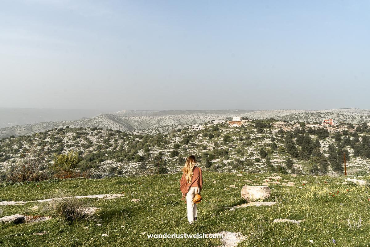 A woman walking through northern Jordan shrubland and wildflowers